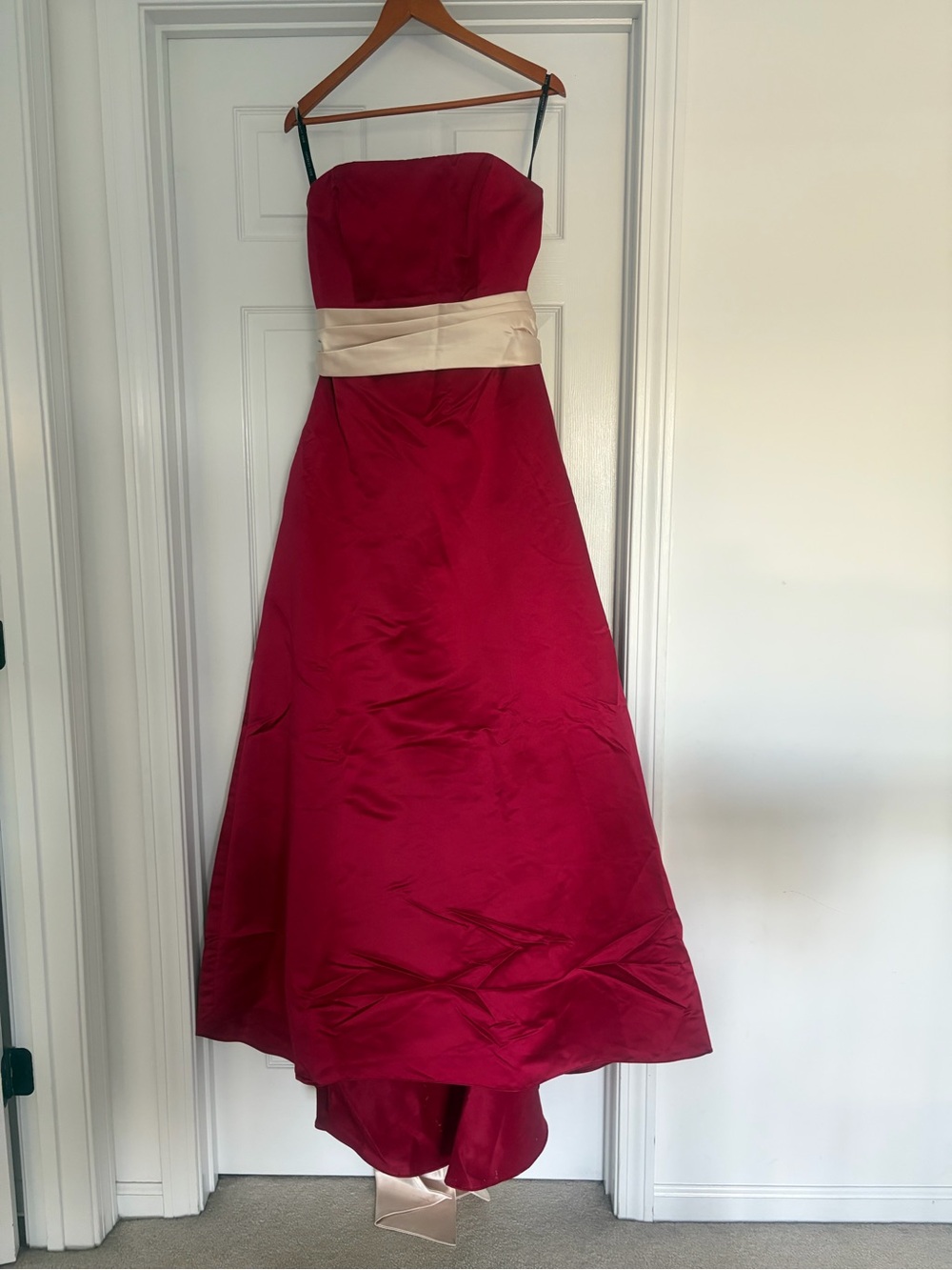 Bill Levkoff Strapless Red Evening Gown with Ivory Waist Sash